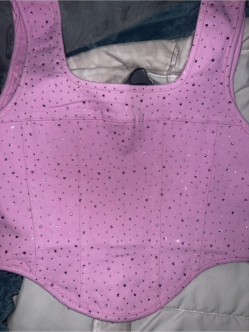Pink Jean Rhinestone Bustier Crop Top zip back women’s Large - Picture 5 of 8